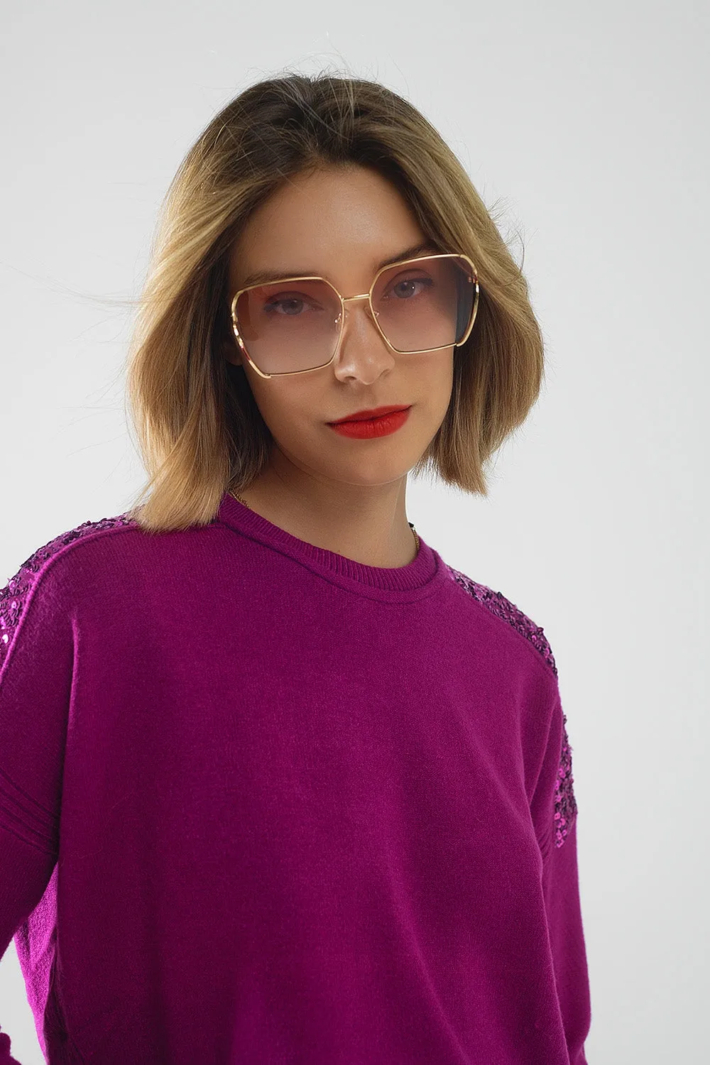 Oversized Square Metal Sunglasses In Light Pink Gradient Lens