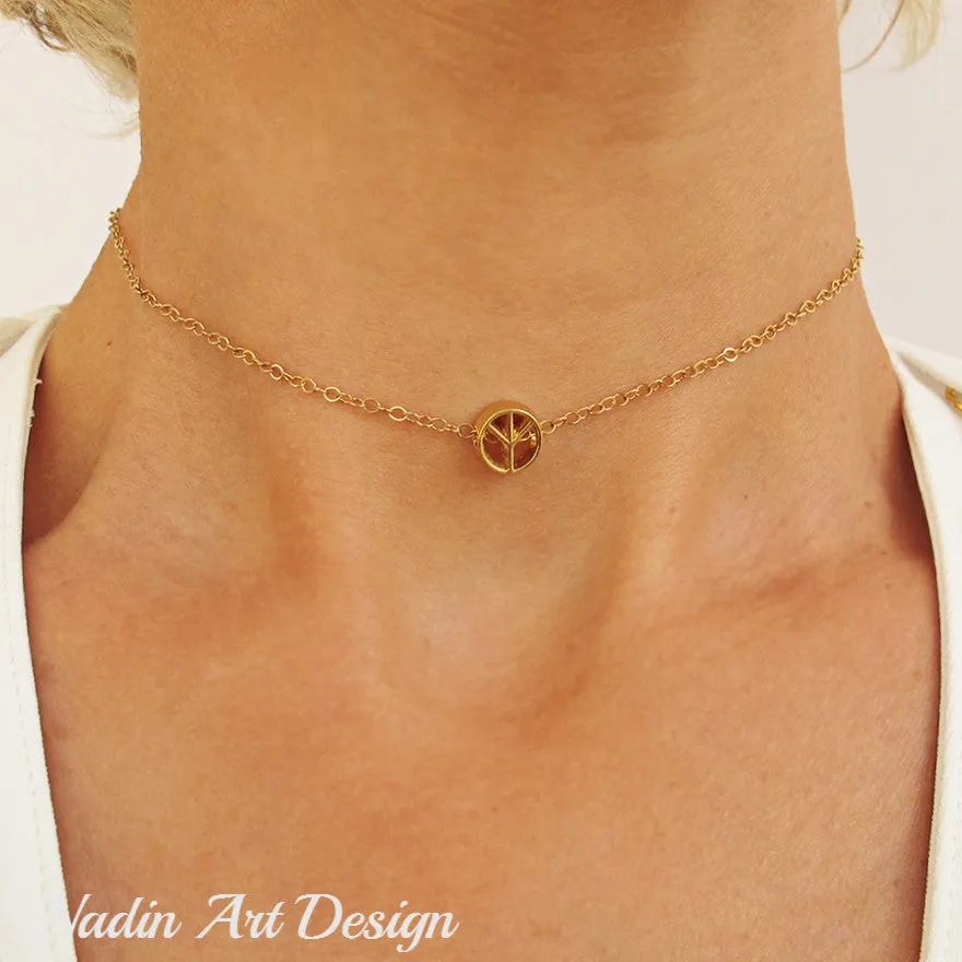 Peace Symbol Gold Choker Necklace