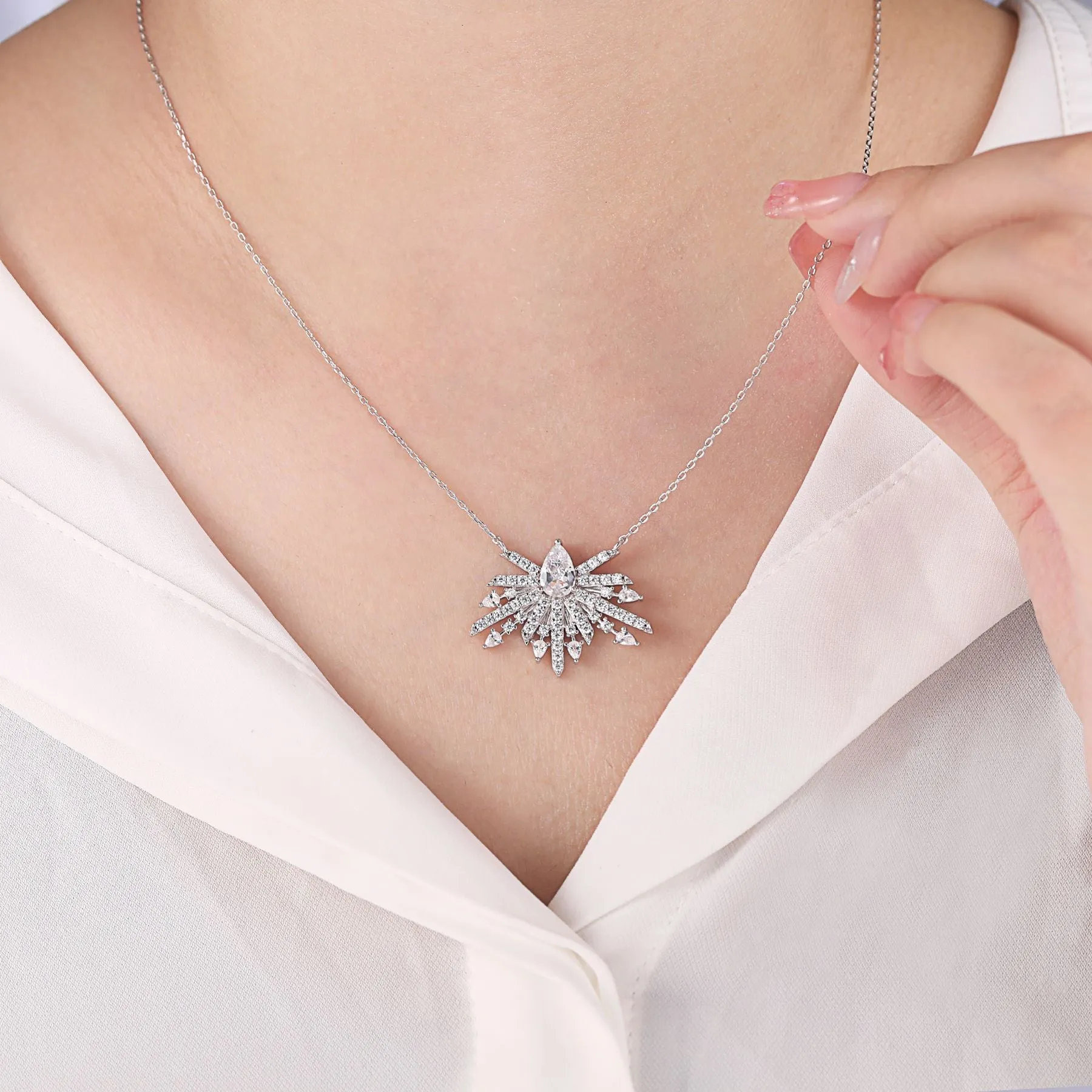 Pear Shape Zircon Firework Pendant Sterling Silver Necklace