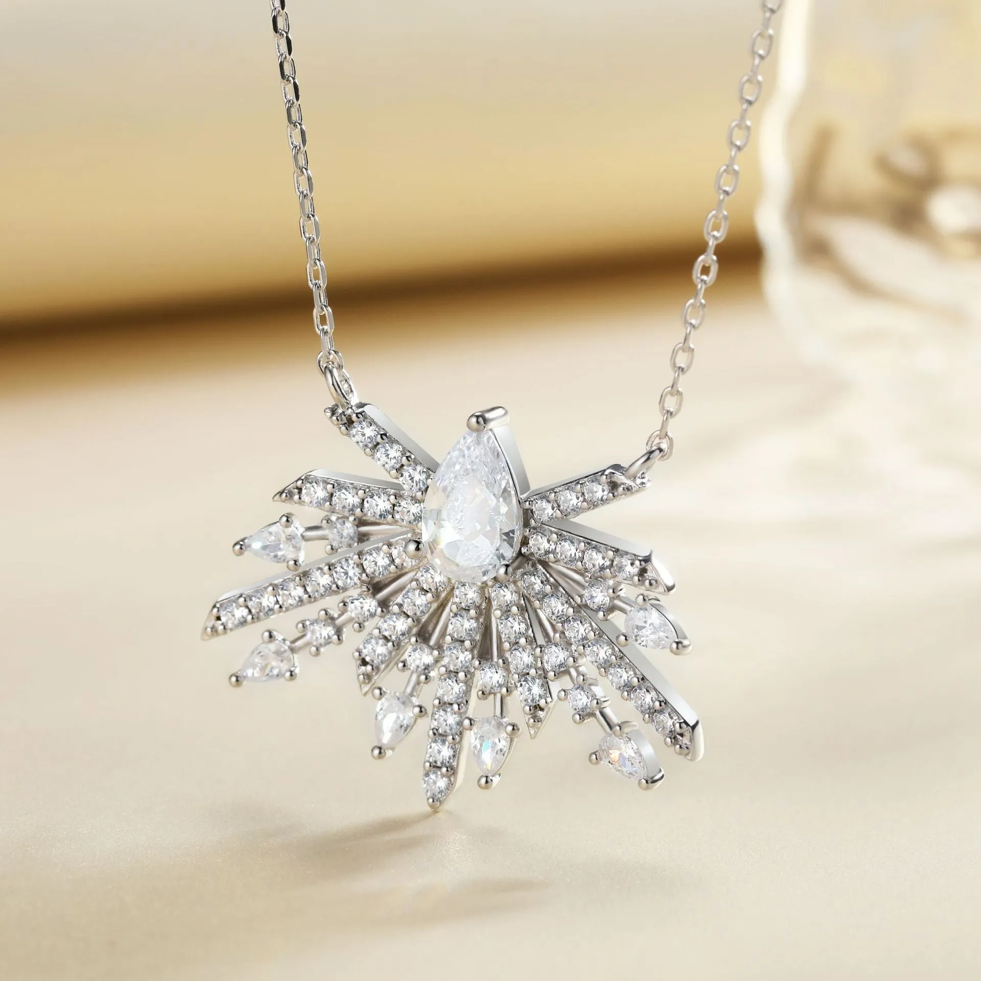 Pear Shape Zircon Firework Pendant Sterling Silver Necklace