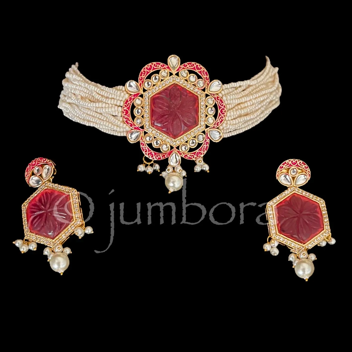 Pearl Kundan Carved Bead Meenakari Choker set