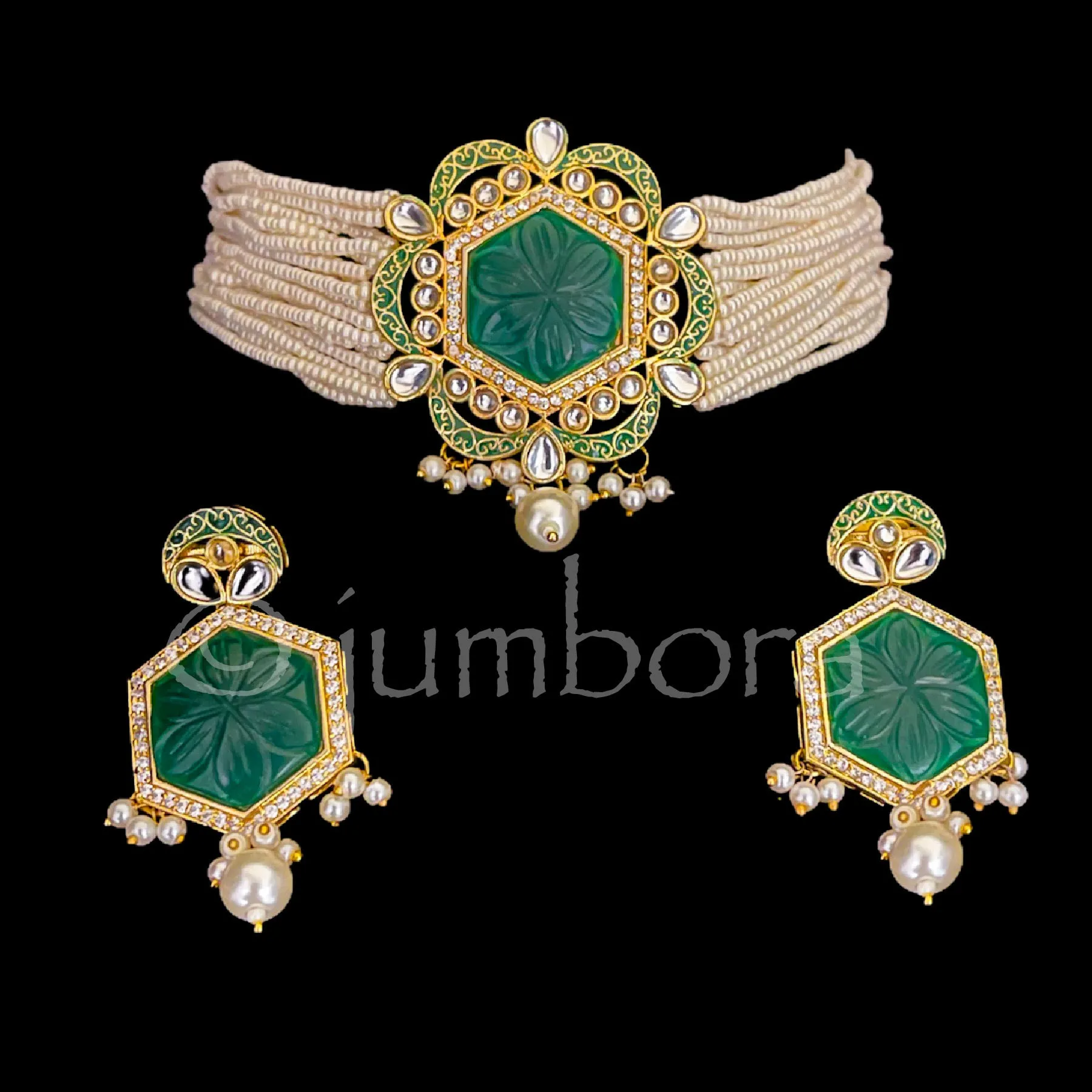 Pearl Kundan Carved Bead Meenakari Choker set