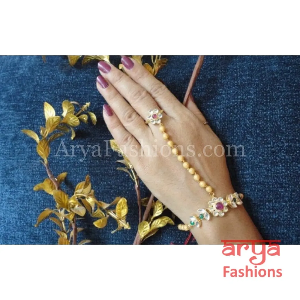 Pearl Kundan Ruby Golden Hathphool