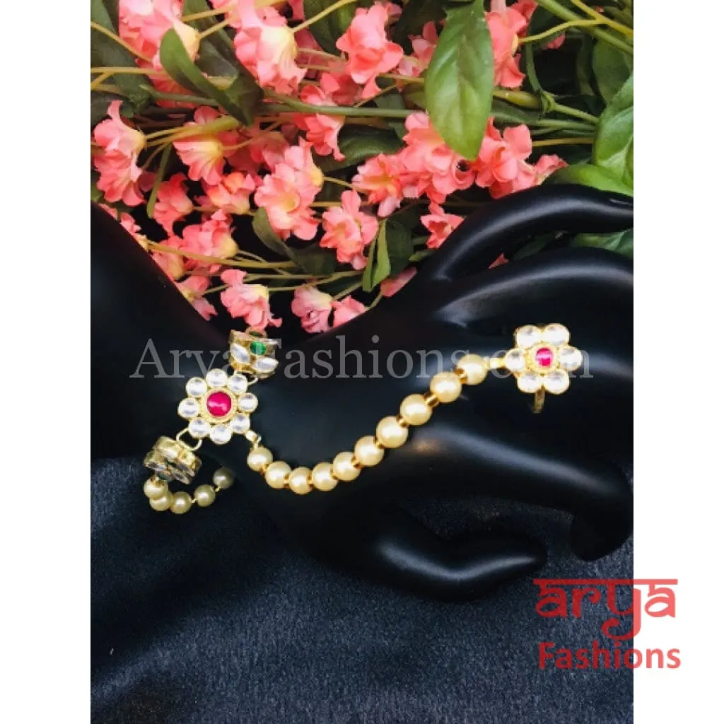 Pearl Kundan Ruby Golden Hathphool