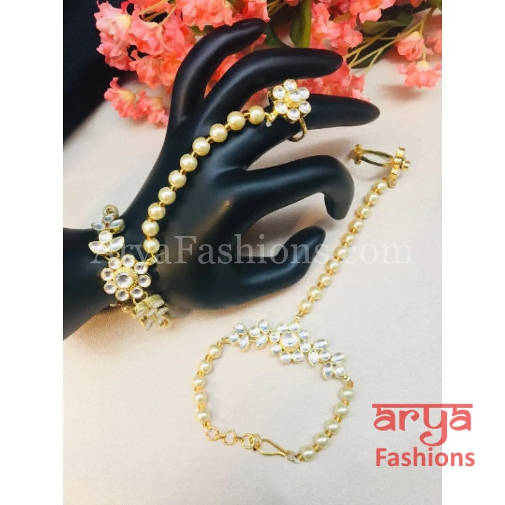 Pearl Kundan Ruby Golden Hathphool