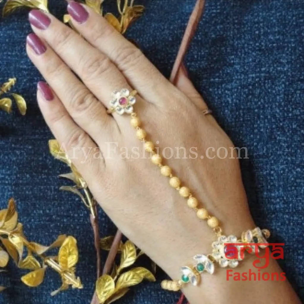 Pearl Kundan Ruby Golden Hathphool