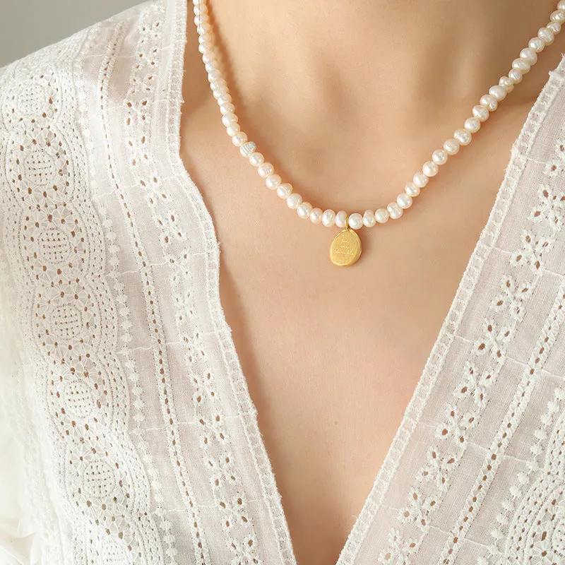 Pearl Necklace With Good Luck Square Pendant