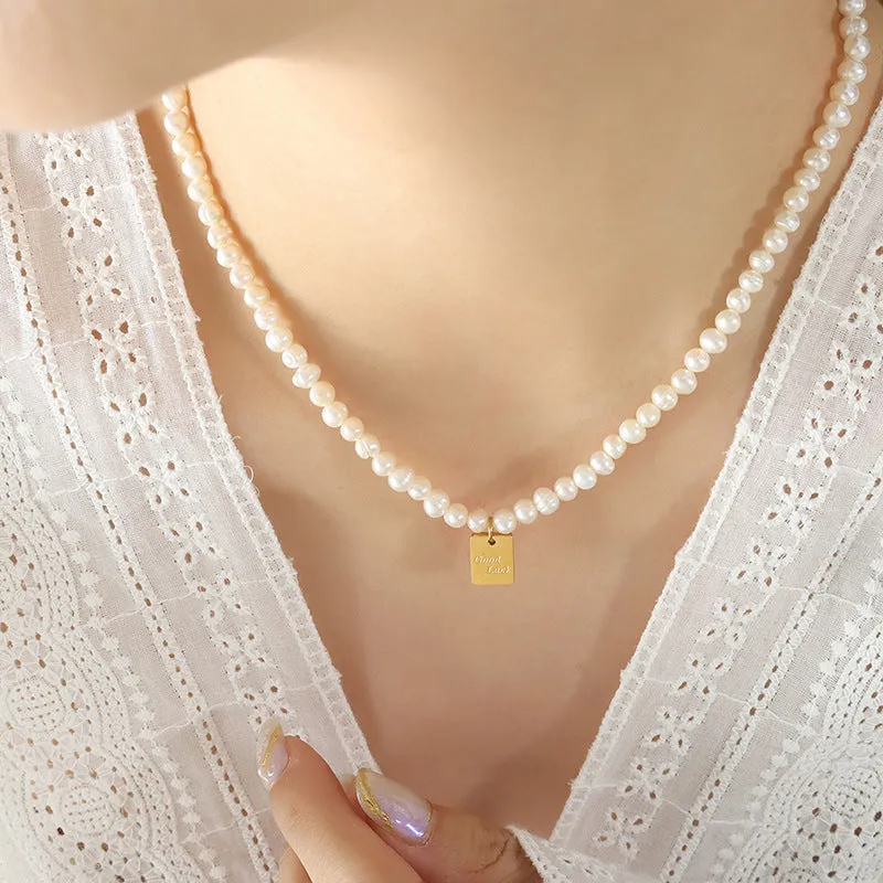 Pearl Necklace With Good Luck Square Pendant