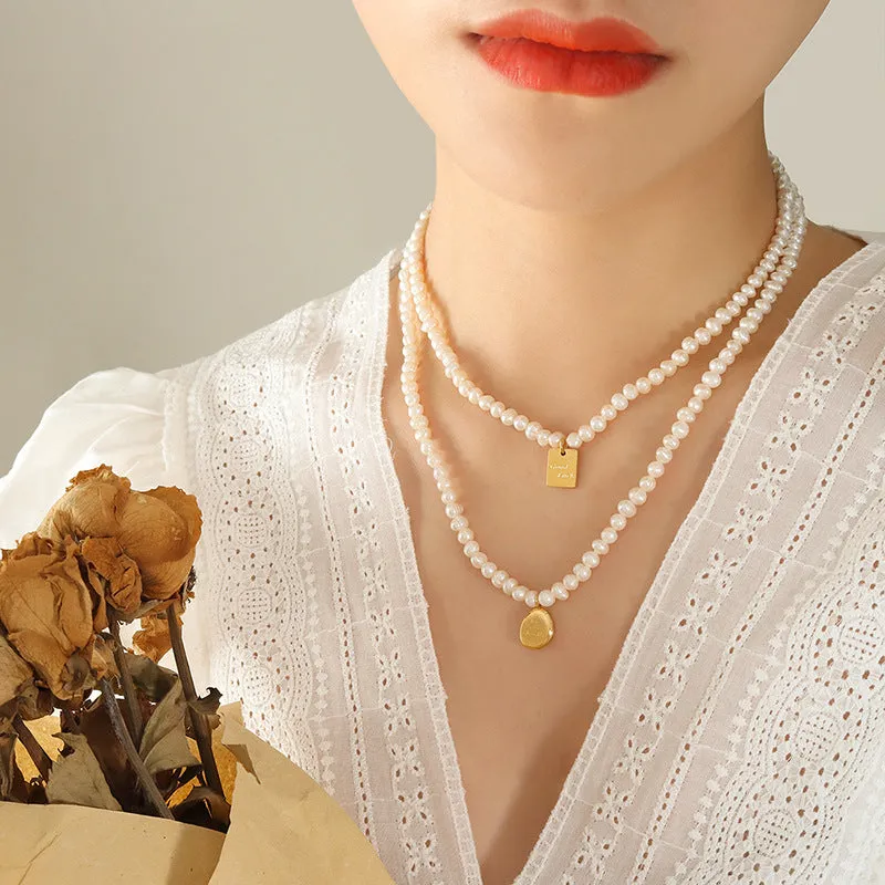 Pearl Necklace With Good Luck Square Pendant