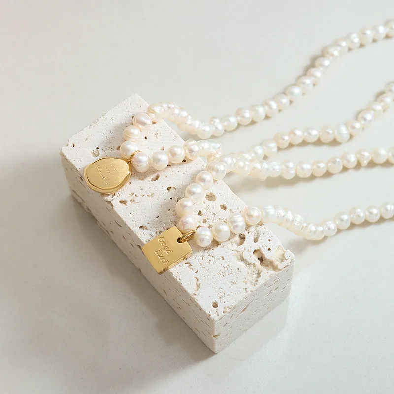 Pearl Necklace With Good Luck Square Pendant