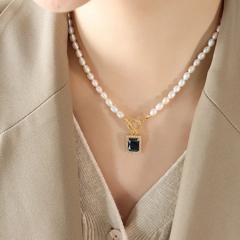 Pearl Necklace With Square Black Zircon Pendant