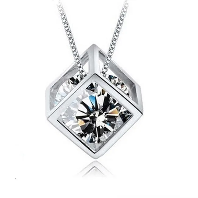 (Pendant Only)  Cube with Zircon Silver Pendant  for Women