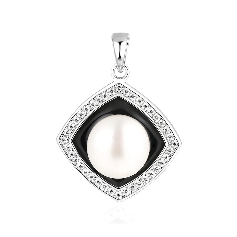 (Pendant Only) Freshwater Pearl with Zircon Square Silver Pendant for Women