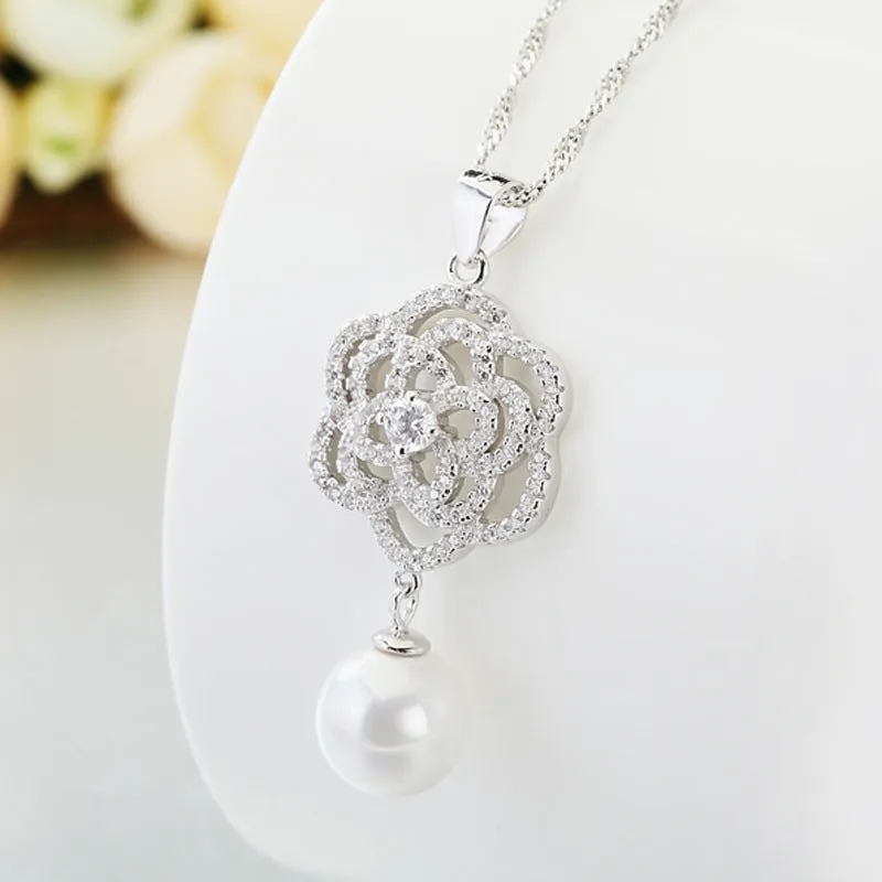 (Pendant Only) Zircon Flower with Pearl Silver Pendant for Women