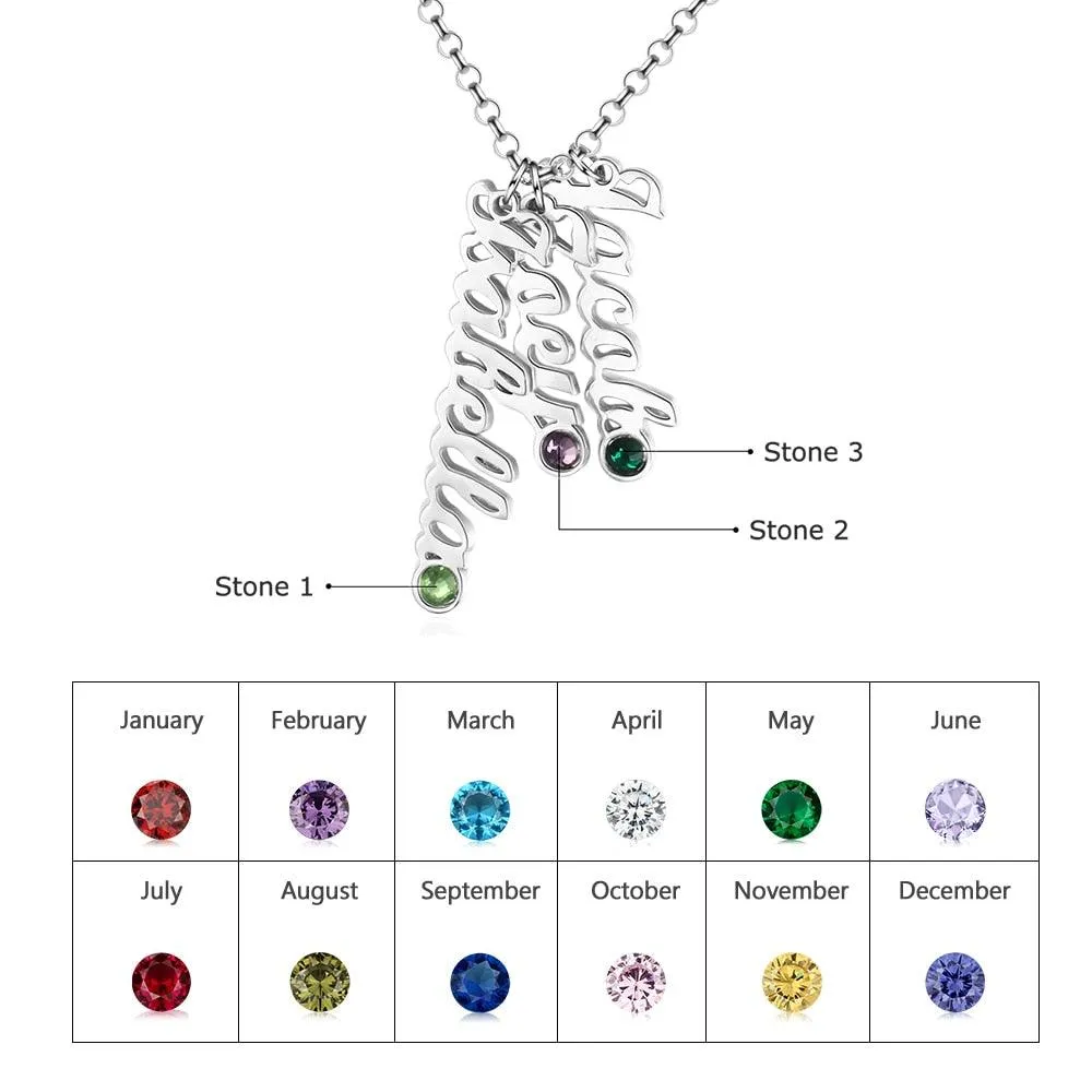 Personalized Sterling Silver Vertical Nameplate Necklace, Customizable 3 Birthstone Pendant, Classic Gift for Mom