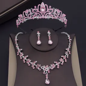 Pink Crystal Tiara Jewelry Sets for Girls Party Crown Earrings Necklace Sets