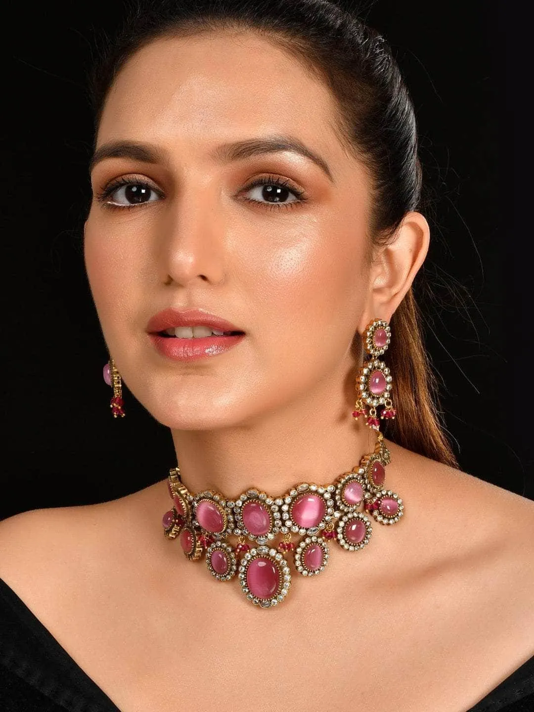 Pink Kundan Pearl Necklace Set