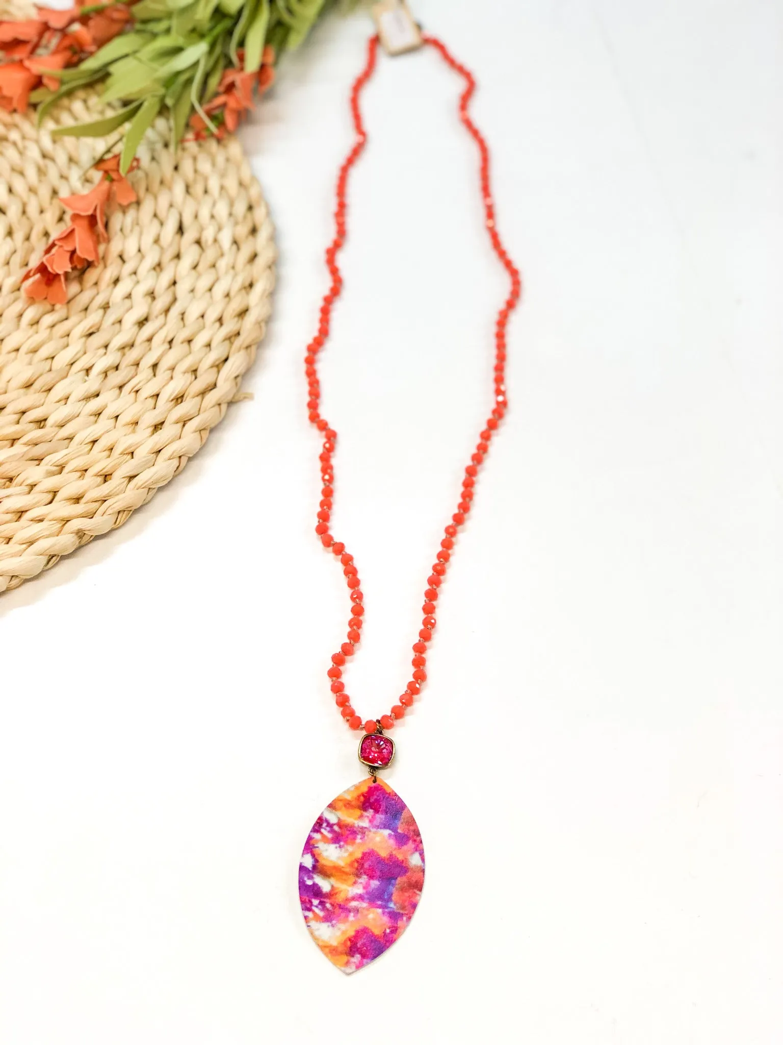 Pink Panache | Coral Beaded Tie Dye Necklace with Royal Red Delight Cushion Cut Crystal