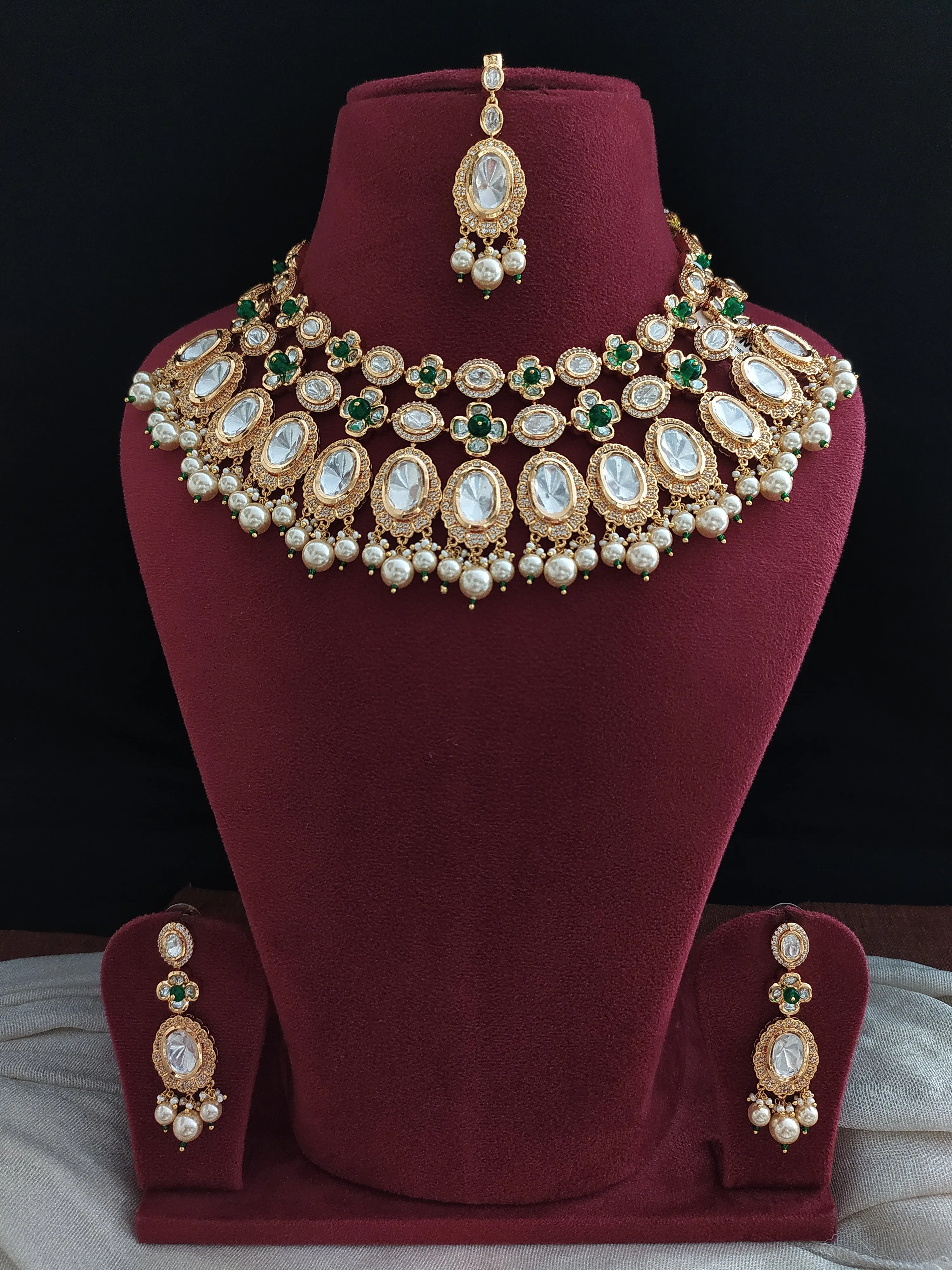 Polki Kundan Choker Necklace Set with Green Beads and Pearl Drops