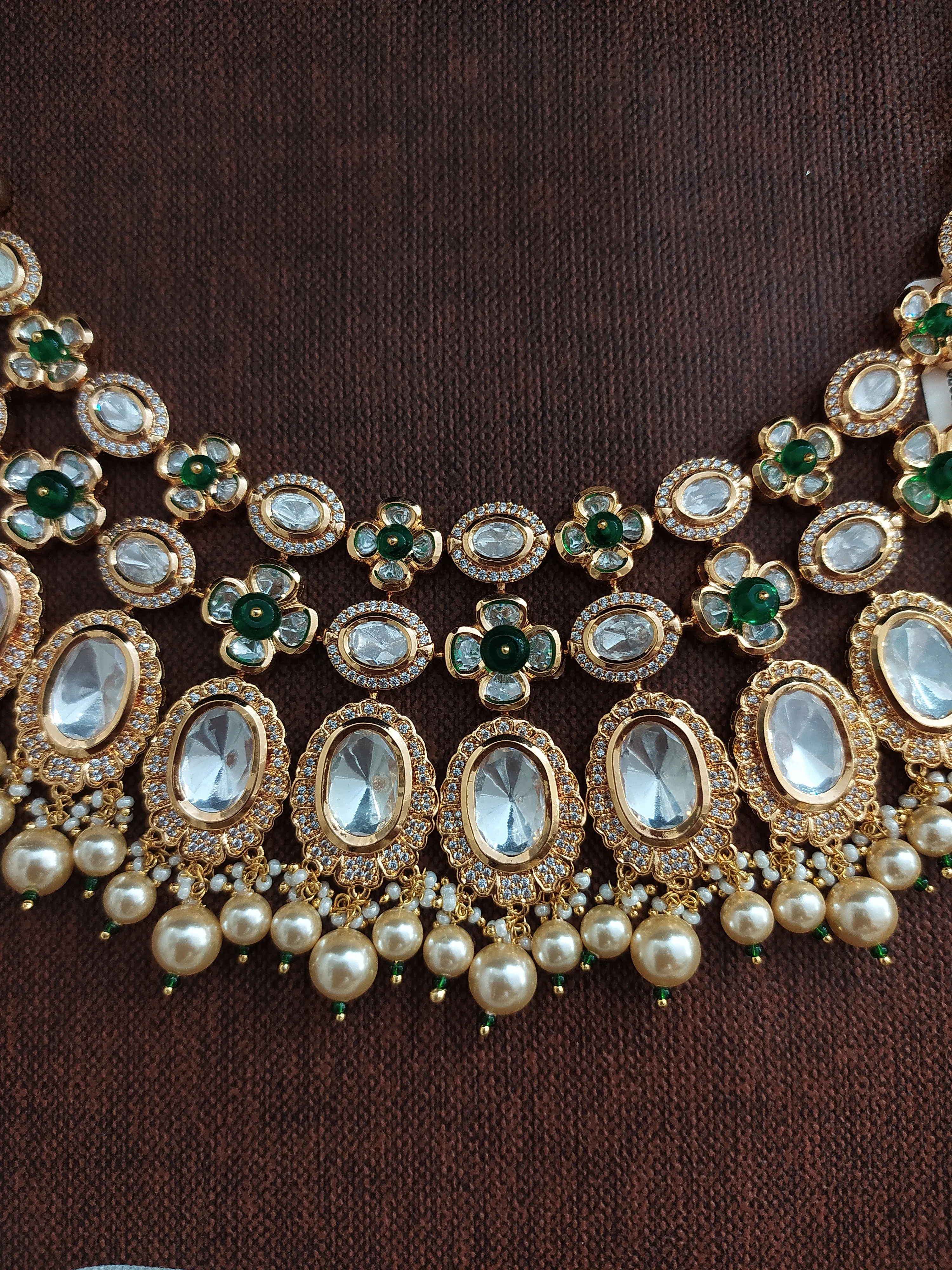 Polki Kundan Choker Necklace Set with Green Beads and Pearl Drops