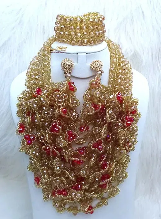 PrestigeApplause Gold & Red Full Crystal Party Wedding Bridal Necklace Jewellery Set