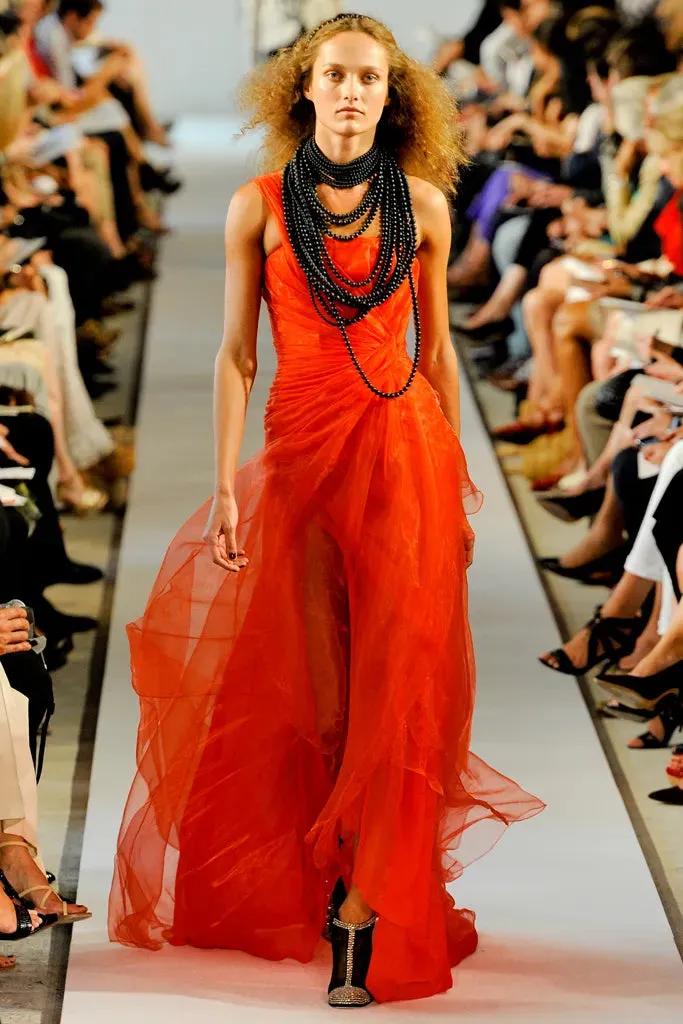 Prettiest Spring 2012 Oscar de la Renta Runway Look 53 Coral Orange Chiffon One Shoulder Dress