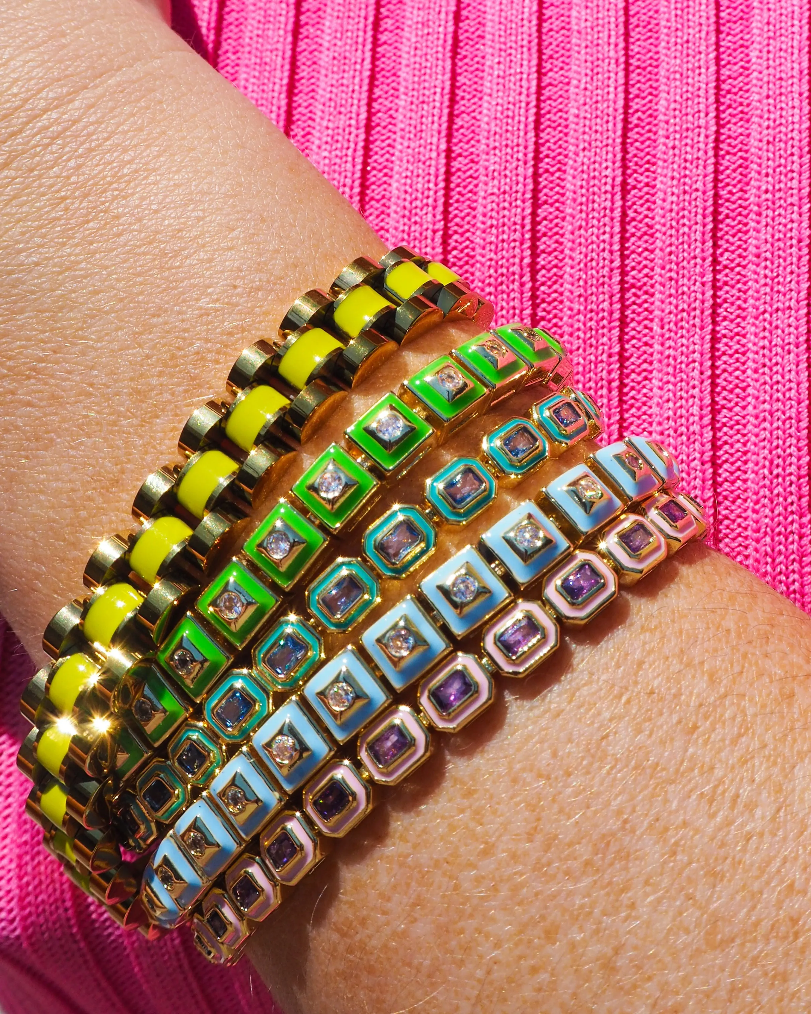 Pyramid Stud Tennis Bracelet- Bright Green- Gold