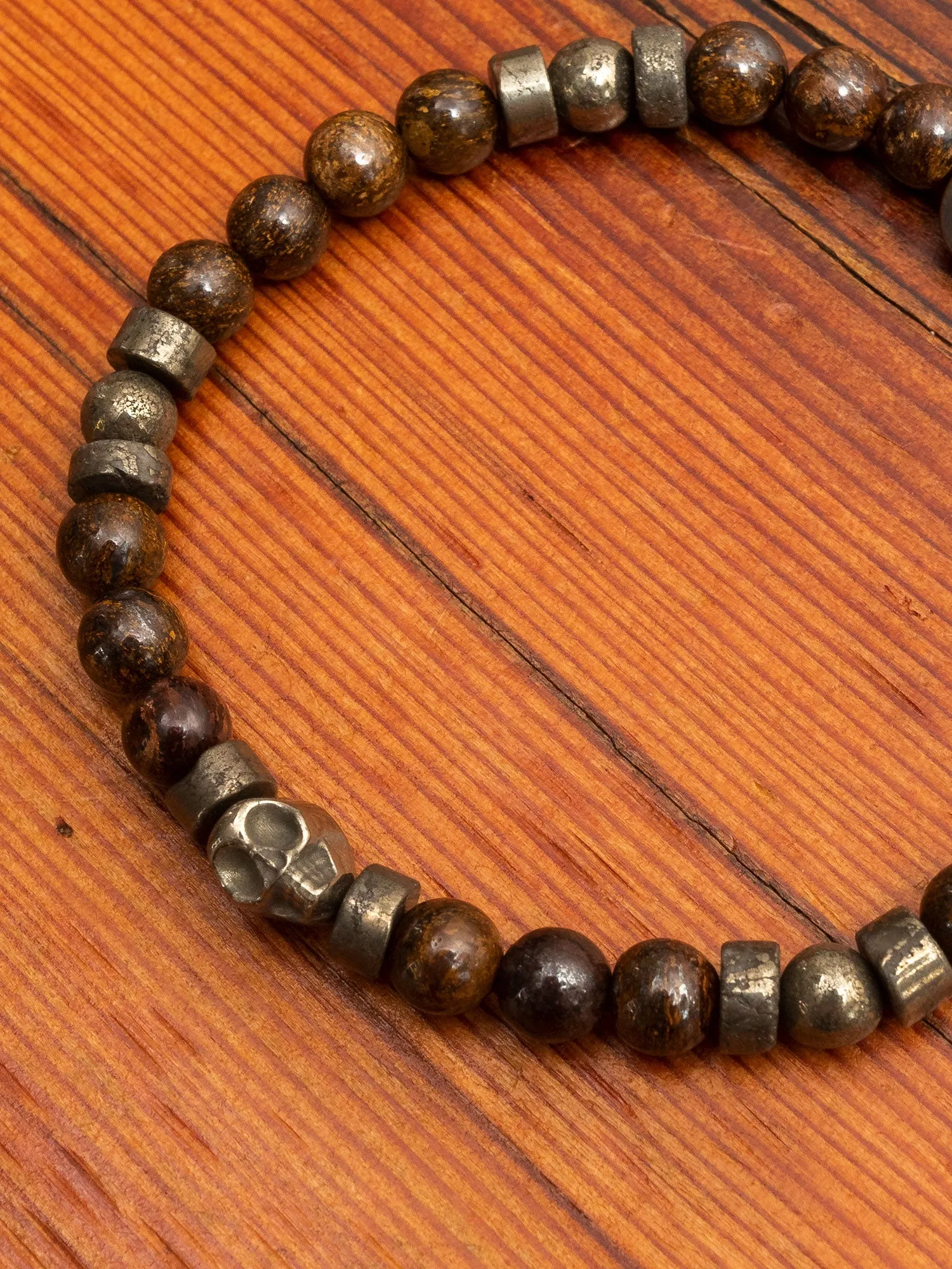 Pyrite Skull Gemstone Stretch Bracelet in Bronzite