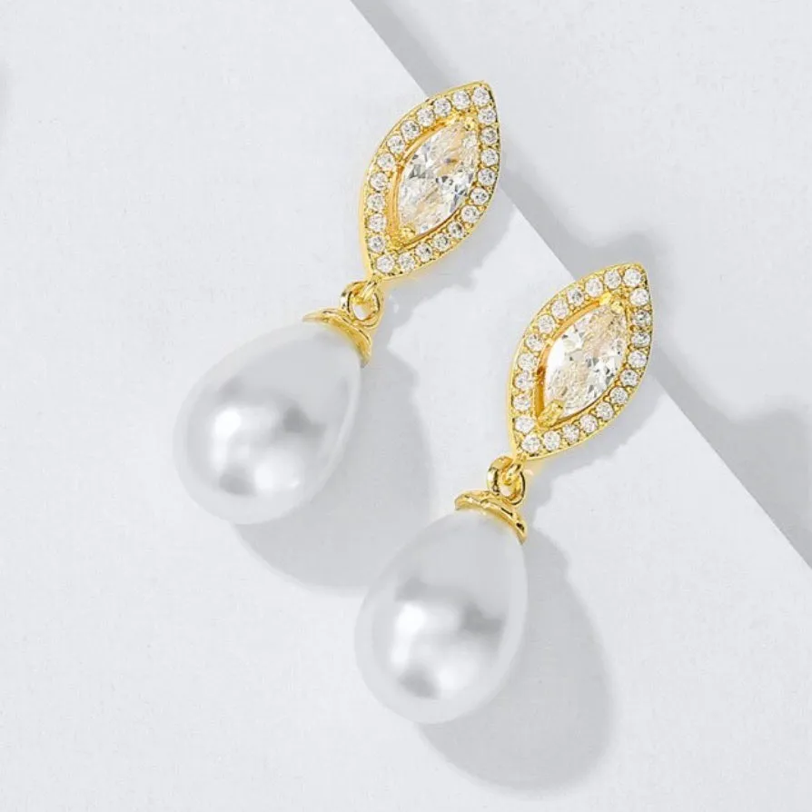 "Dani" - Pearl and Cubic Zirconia Bridal Earrings - Available in Silver, Rose Gold and Yellow Gold