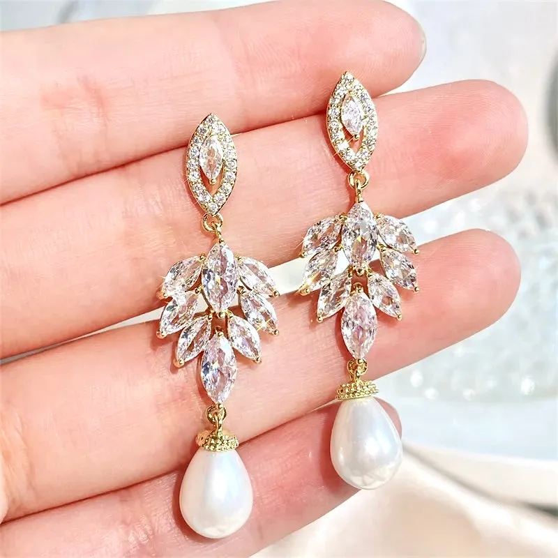 "Paloma" - Pearl and Cubic Zirconia Bridal Earrings - Available in Gold and Silver