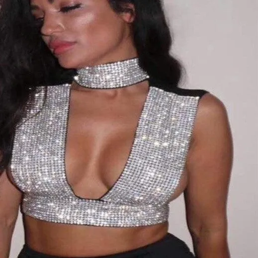 "San Fernando" choker rhinestone bandage crop top