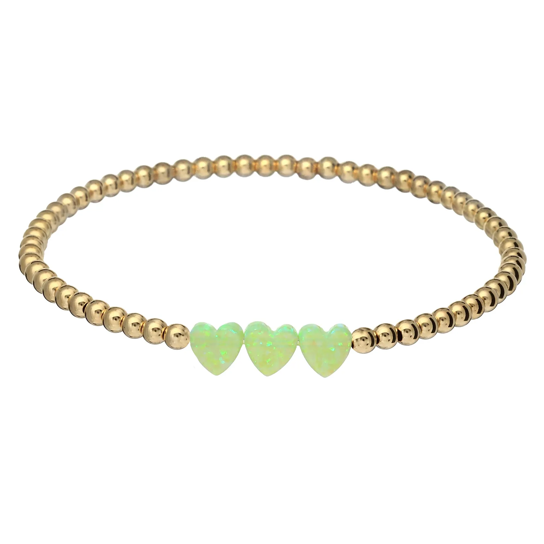 "TRIPLE OPAL HEART" Charm and Gold Filled Ball Beaded Bracelet