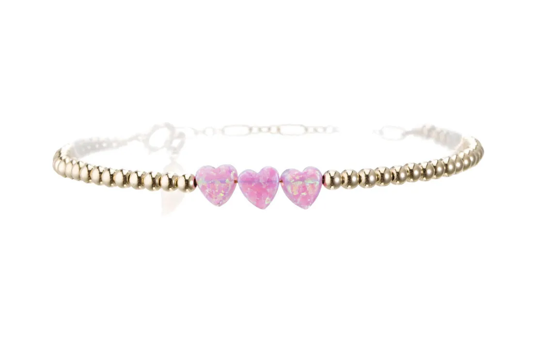 "TRIPLE OPAL HEART" Charm and Gold Filled Ball Beaded Bracelet