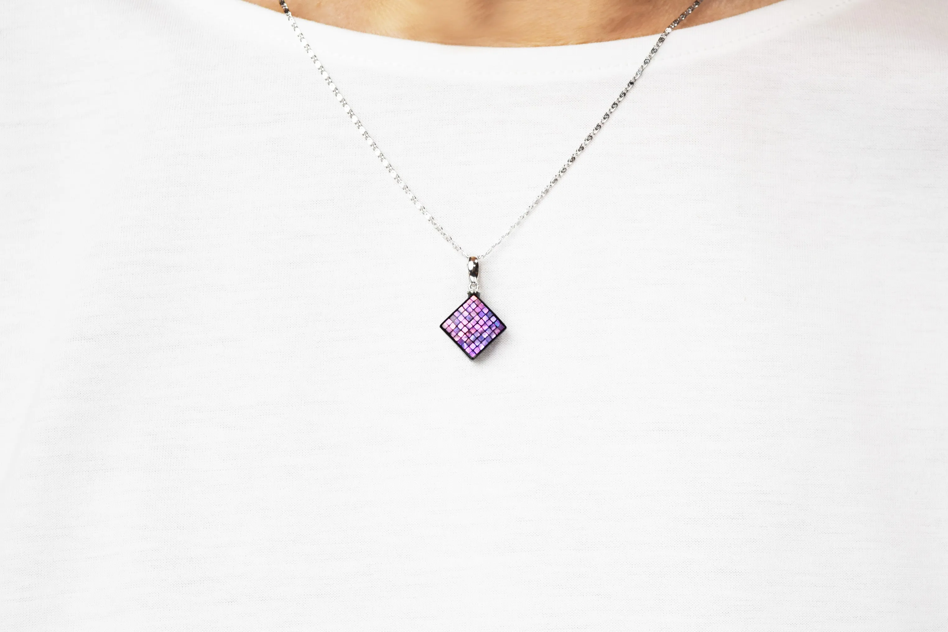 Raden Pendant Necklace - Square / Pink Color / Small Size-, Japanese Lacquer Jewelry, Kyoto Jewelry