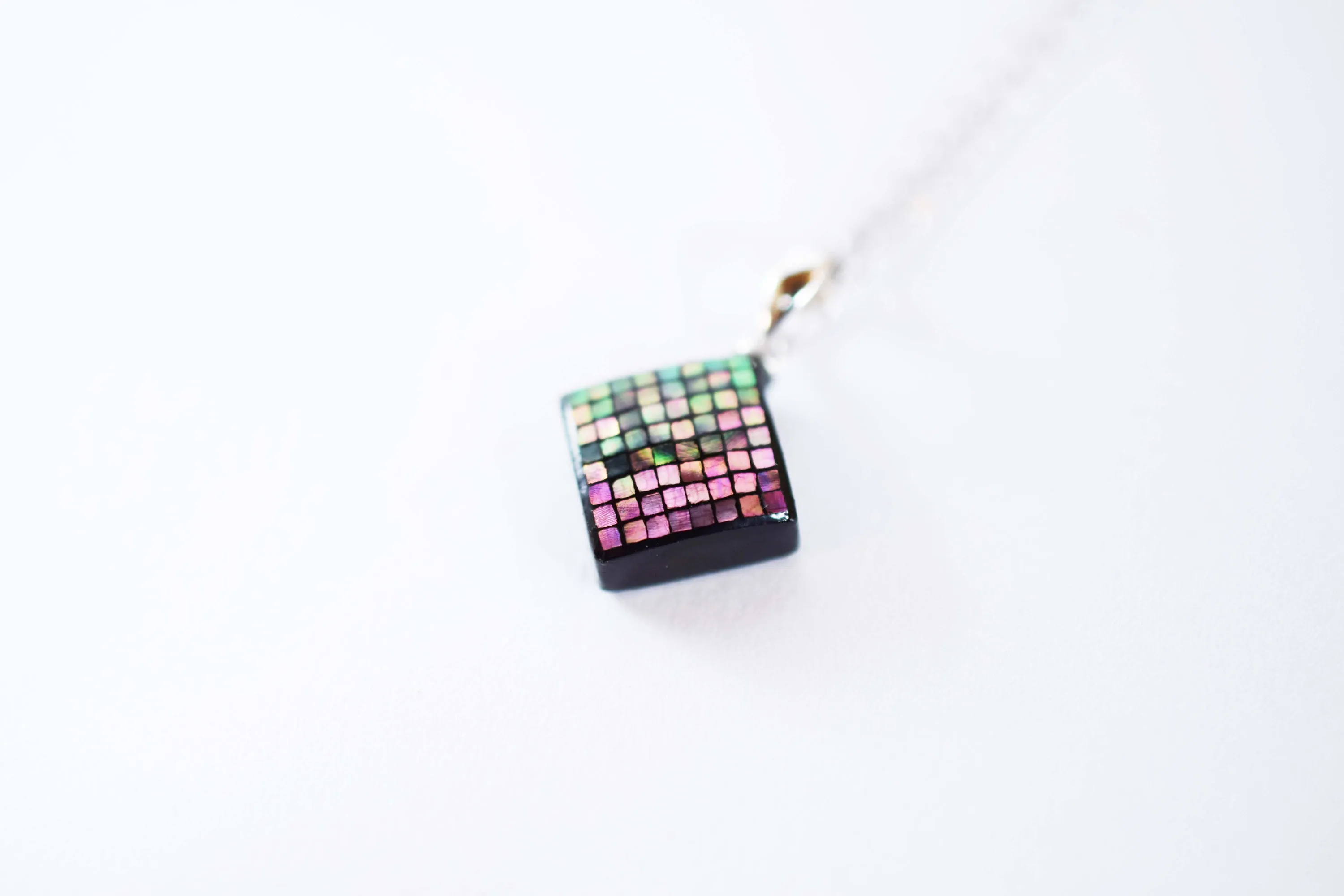 Raden Pendant Necklace - Square / Pink Color / Small Size-, Japanese Lacquer Jewelry, Kyoto Jewelry