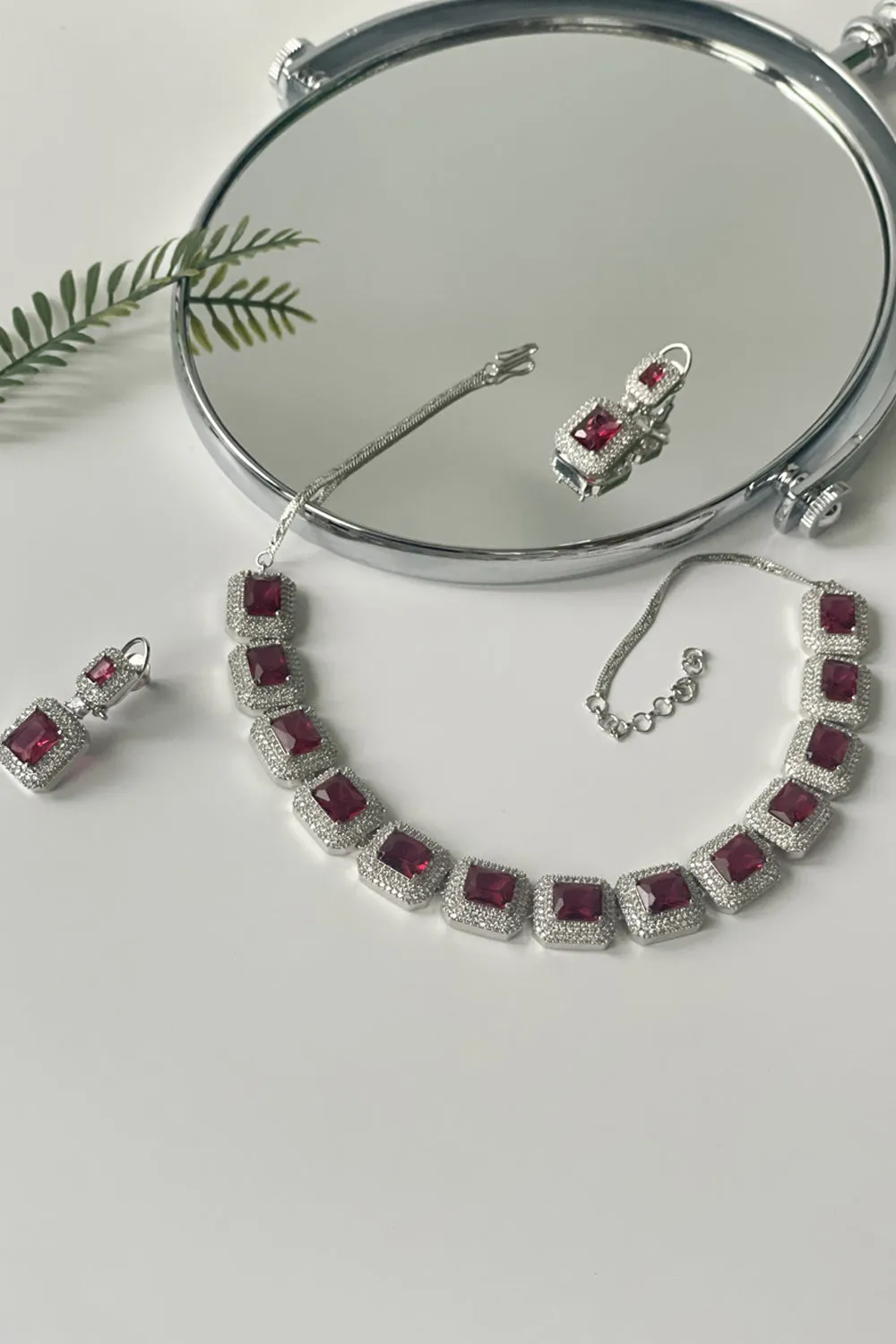 Rectangle Cut Red Synthetic Stone And Zircon Necklace Set