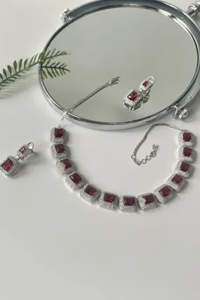 Rectangle Cut Red Synthetic Stone And Zircon Necklace Set