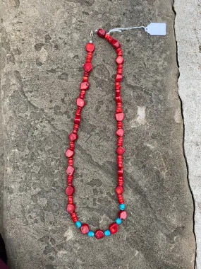 Red Chunky Coral with Kingman (USA) Turquoise Accent - Made by Carmen Tiger