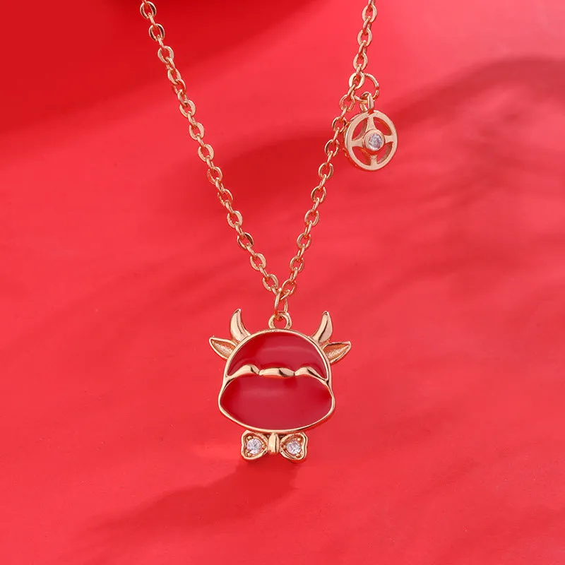 Red Cow with Zircon Pendant Silver Necklace for Women