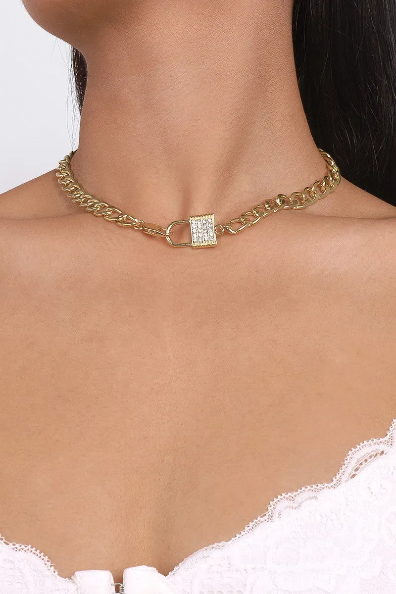 Rhinestone Padlock Choker Chain Necklace