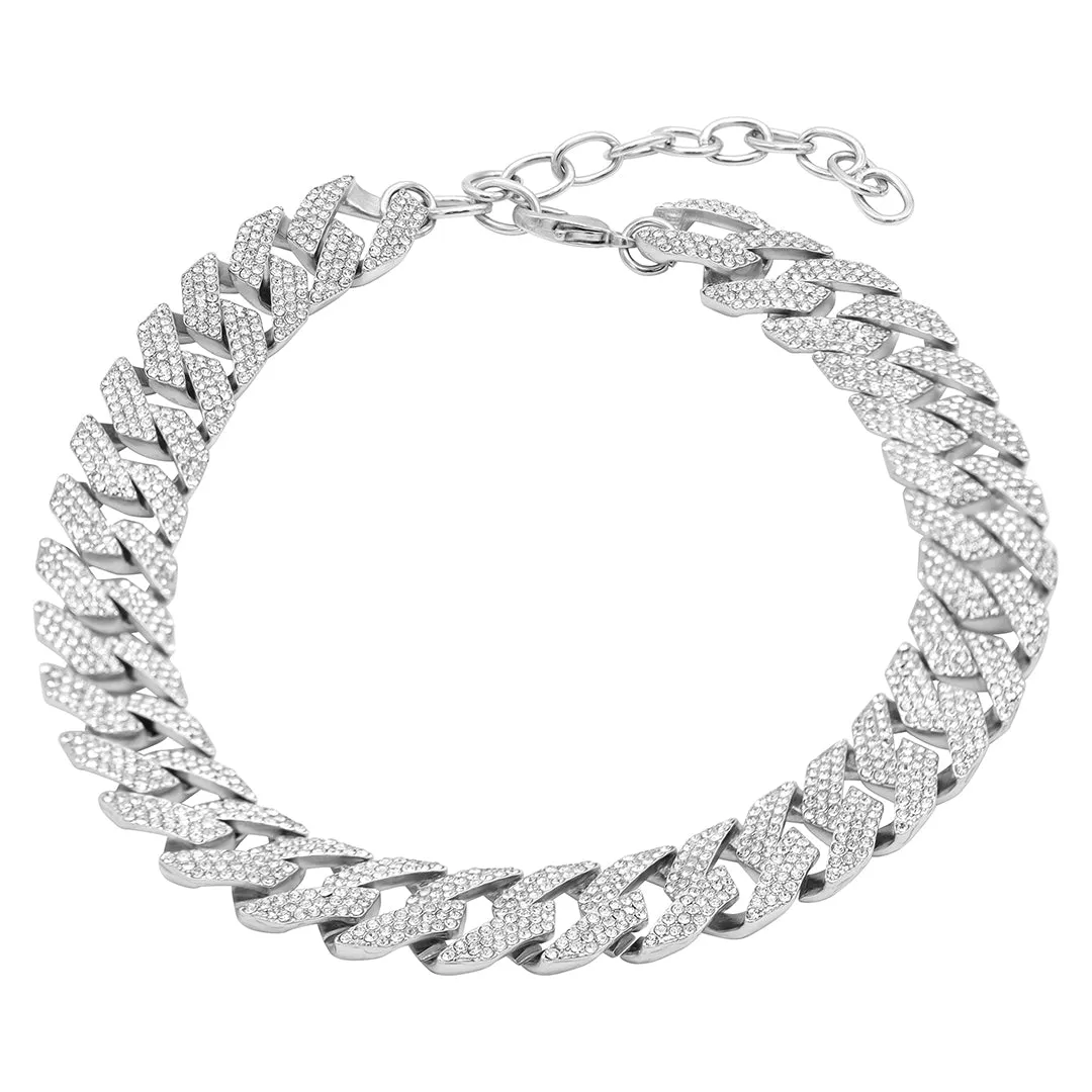 Rhodium Plated Edgy Cuban Crystal Adjustable Choker Chain Necklace