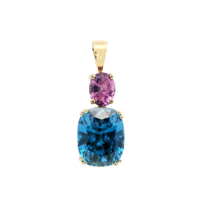 Roger Dery Pink Sapphire and Blue Zircon Pendant in 14K Yellow Gold