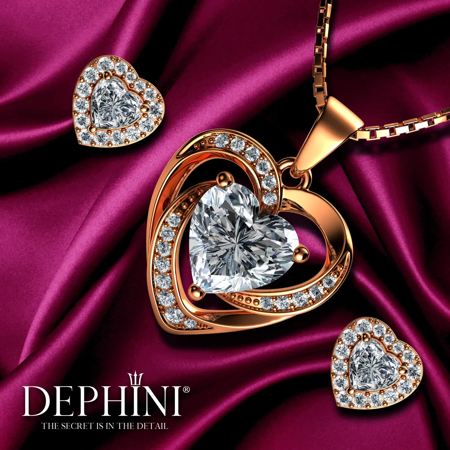 Rose gold heart jewellery set 18ct Gold Plated with 925 Silver Dephini