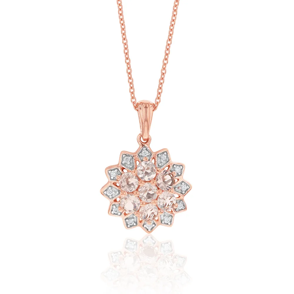 Rose Plated Sterling Silver Morganite and White Zircon Starburst Pendant on Chain