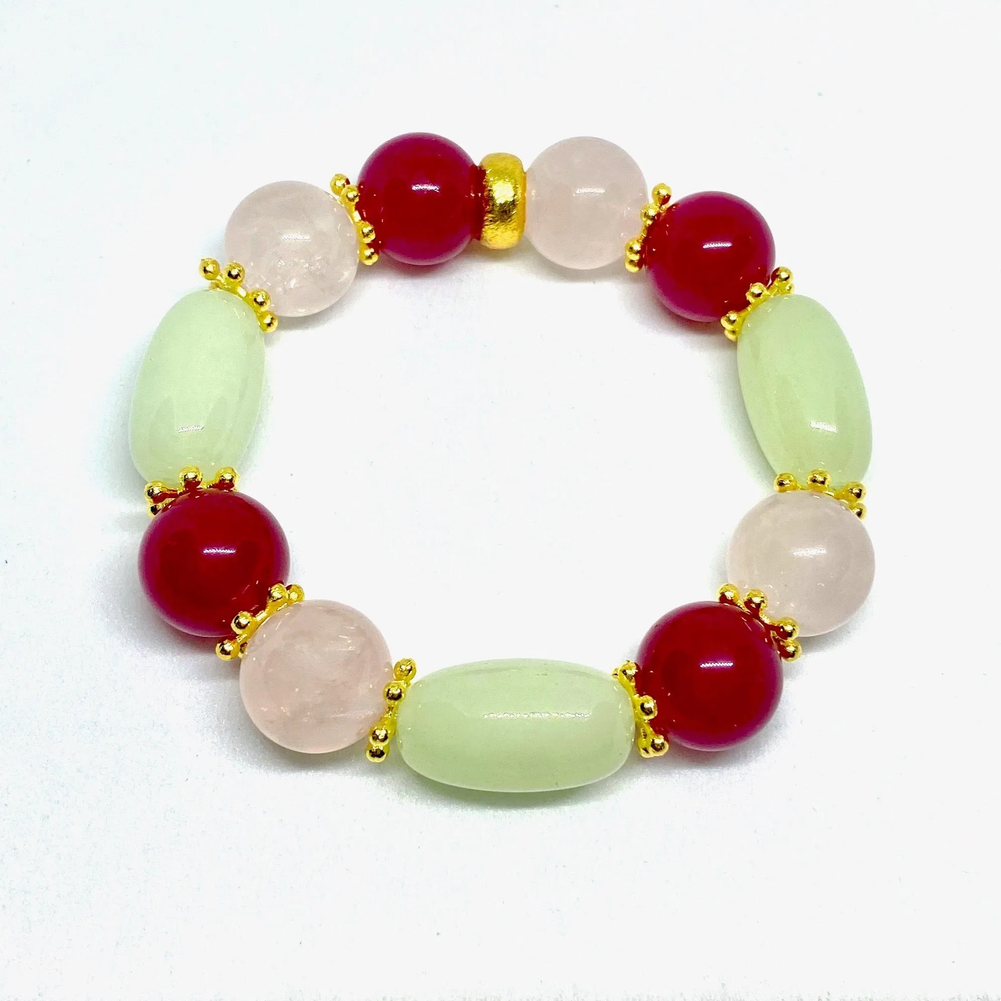 Rose Ruby, Pink Quartz and Green Aventurine Gemstone Beaded Bracelet