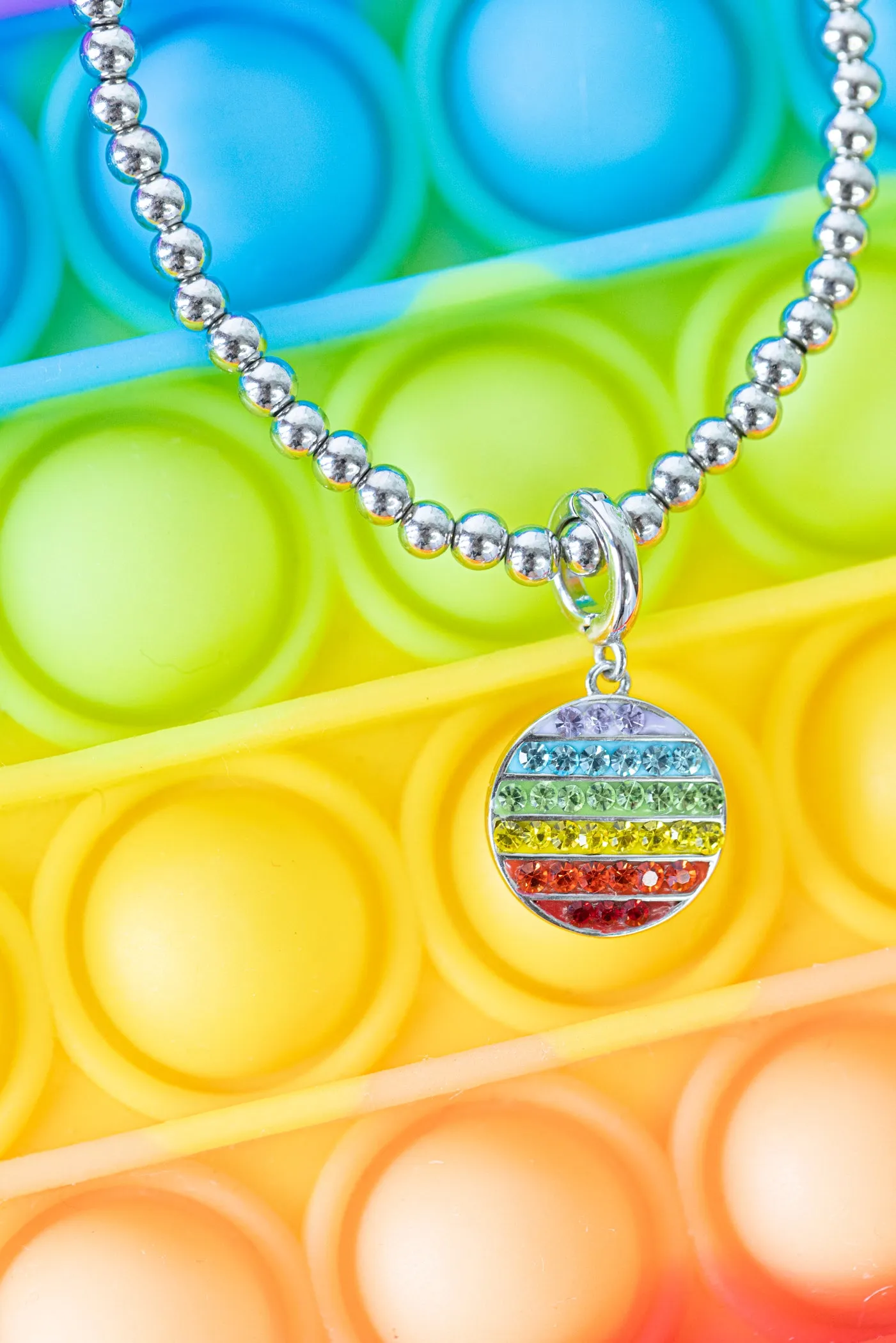 Round Disk Rainbow Pop-It Toy Crystal Sterling Silver Charm