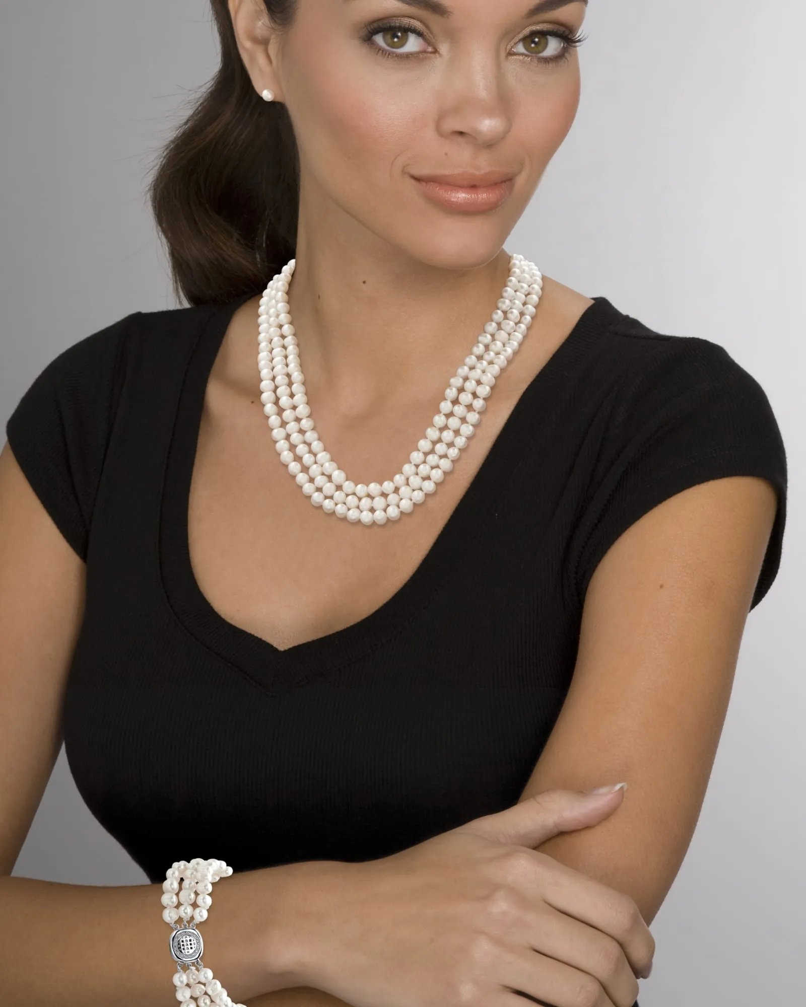 Round Genuine Cultured Pearl .925 Silver Earring, Necklace and Bracelet Set 18" | White