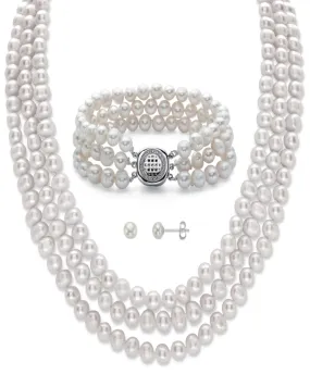 Round Genuine Cultured Pearl .925 Silver Earring, Necklace and Bracelet Set 18" | White