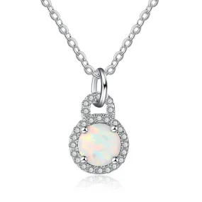 Round Opal Zircon Circular Lock Sterling Silver Necklace