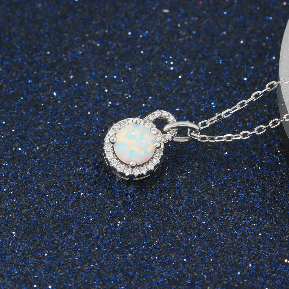 Round Opal Zircon Circular Lock Sterling Silver Necklace